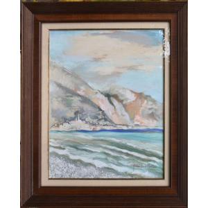 Victor Ghislain Card "menton Seen From The Sea" Gouache 52x44